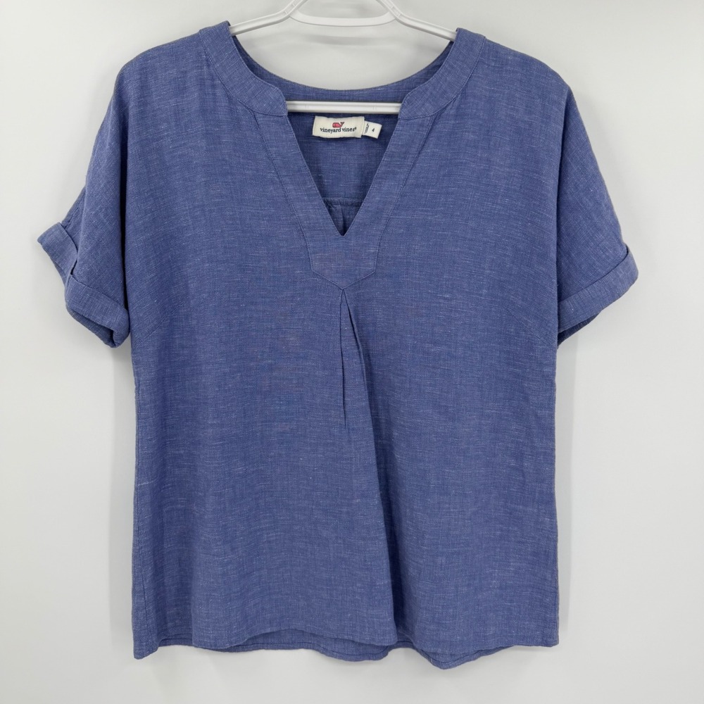 Vineyard Vines Blue Linen Blend Split V-Neck Short Sleeve Top Size 4